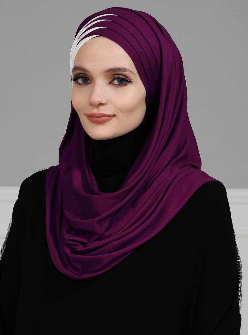 Ayşe Türban Tasarım Mor Krem İki Renkli Pratik Penye Şal