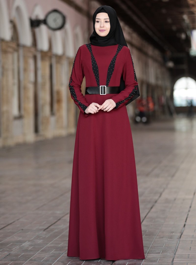 Azra Design Bordo İnci Abiye Elbise