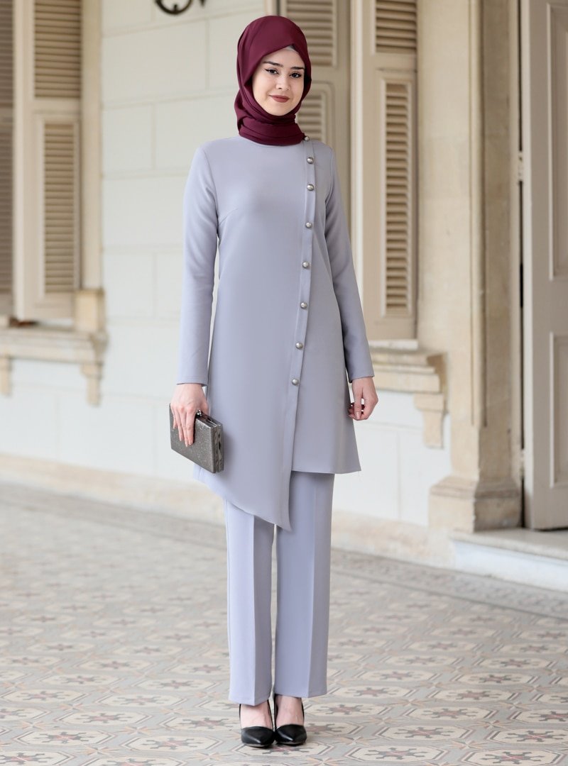 Azra Design Gri Mısra Tunik&Pantolon Abiye İkili Takım
