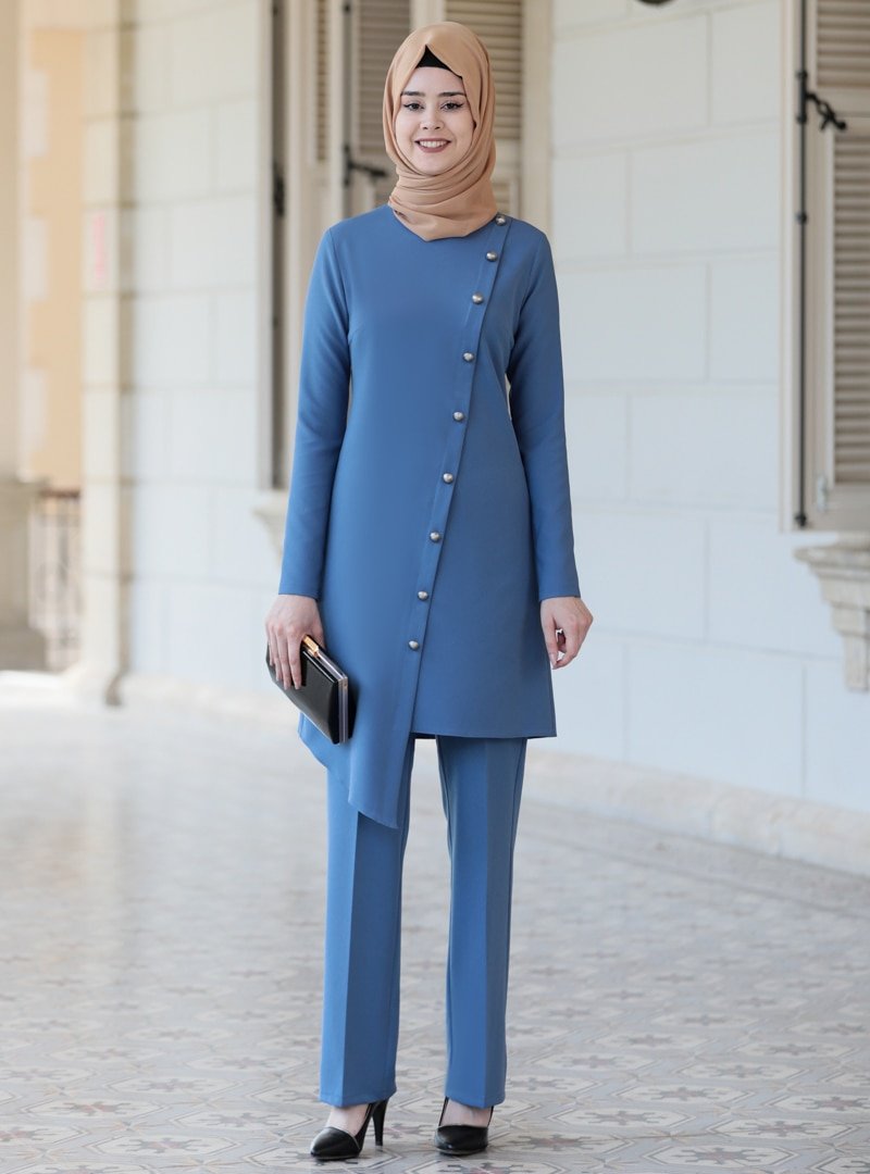 Azra Design Mavi Mısra Tunik&Pantolon Abiye İkili Takım