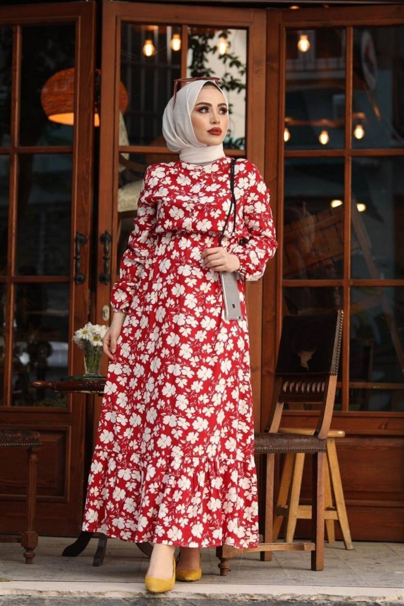 Bg Collection Kırmızı Papatya Desenli Dokuma Elbise