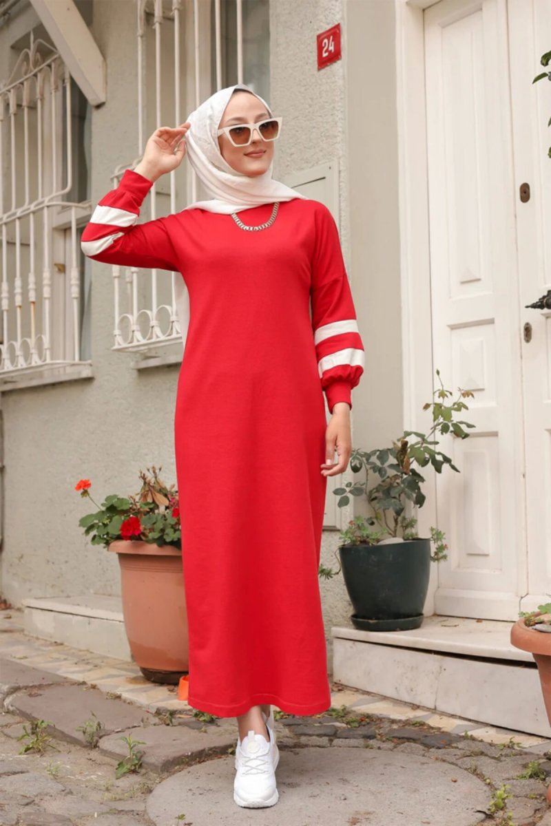 Bg Collection Kırmızı Şerit Detaylı Elbise