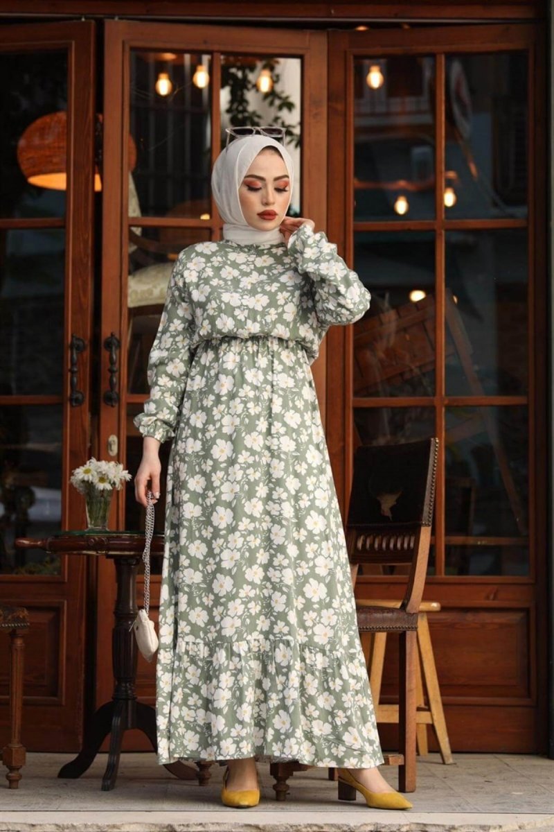 Bg Collection Yeşil Papatya Desenli Dokuma Elbise