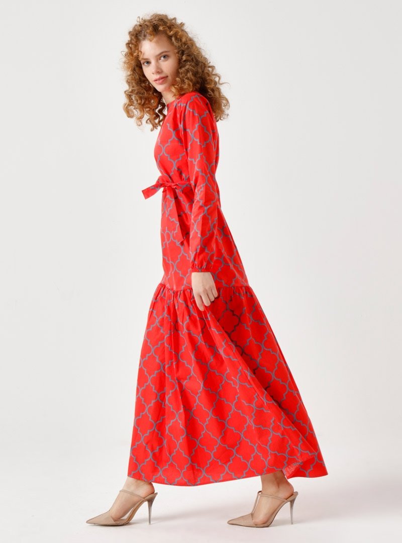 Ceylan Otantik Kırmızı Petek Desen Yüksek Fırfır Elbise