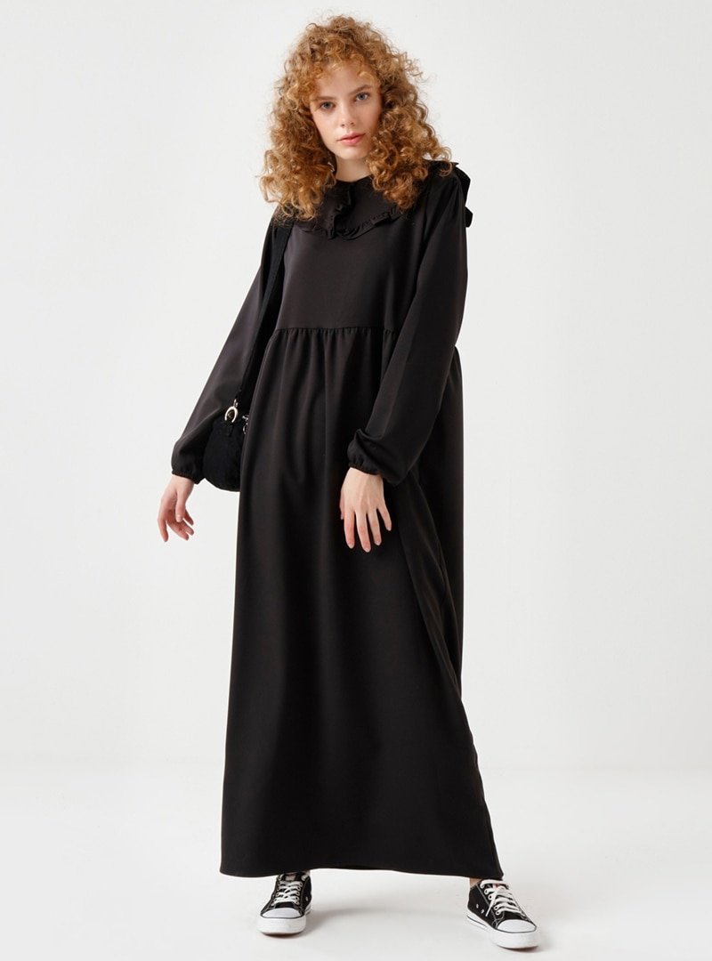 Ceylan Otantik Siyah Seyyar Yaka Belden Robalı Elbise