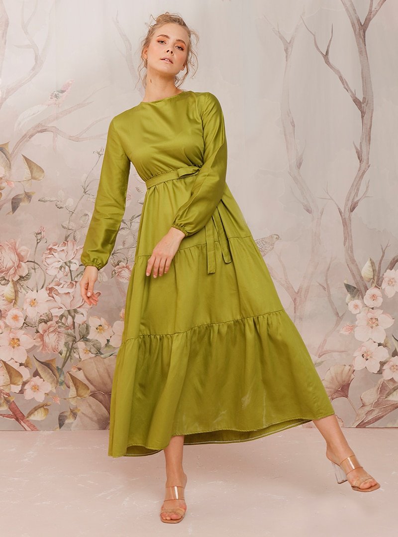 Ceylan Otantik Yeşil Düz Renk Kat Elbise