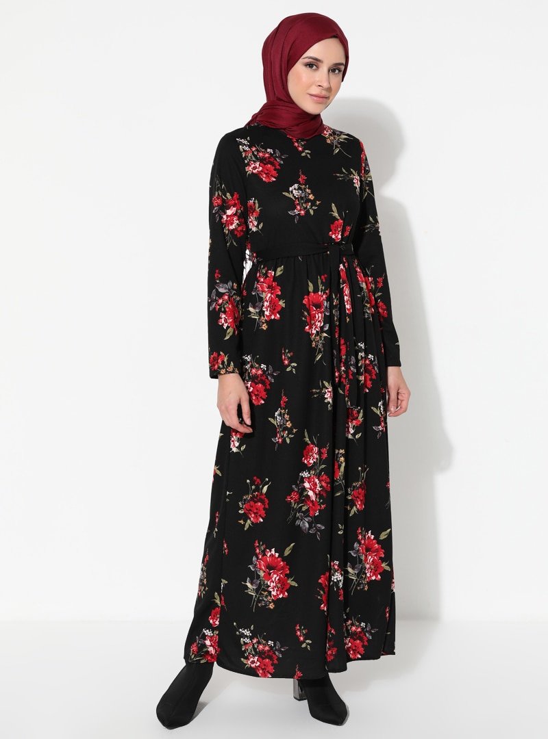 ECESUN Siyah Kırmızı Çiçekli Elbise