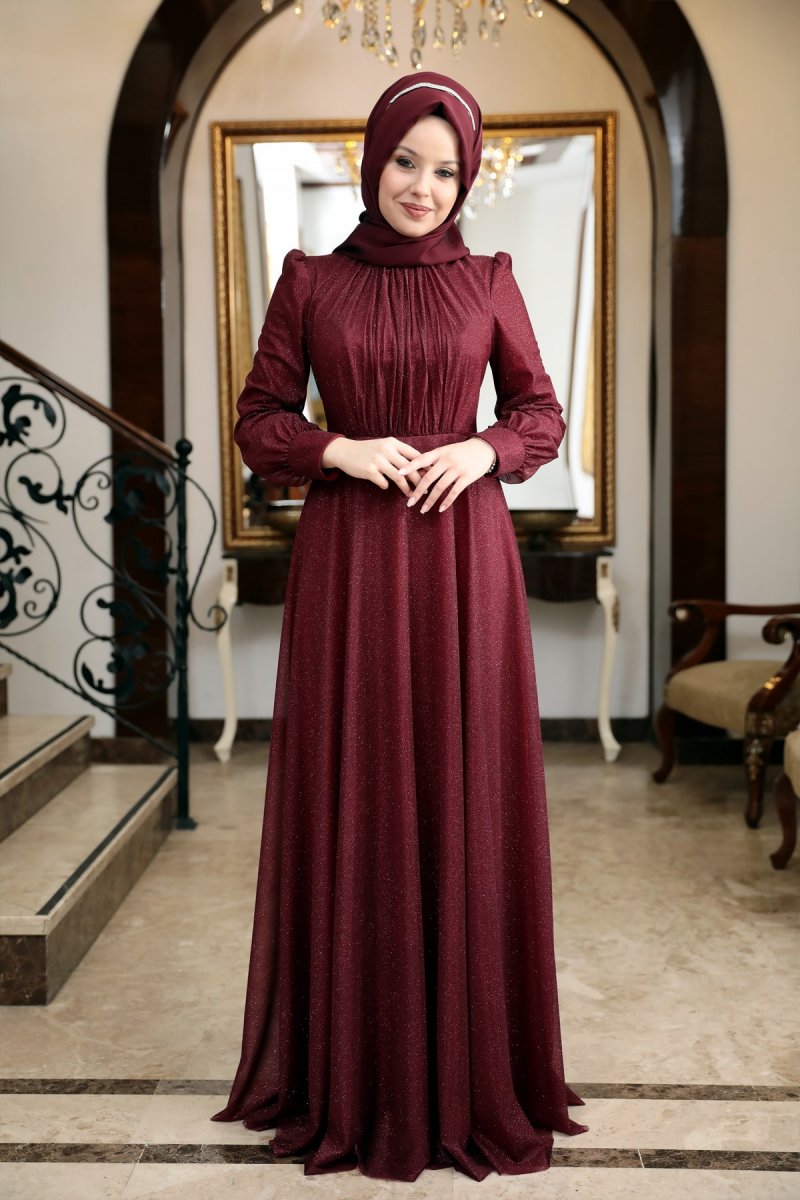 Esma Karadağ Bordo Simli Abiye Elbise