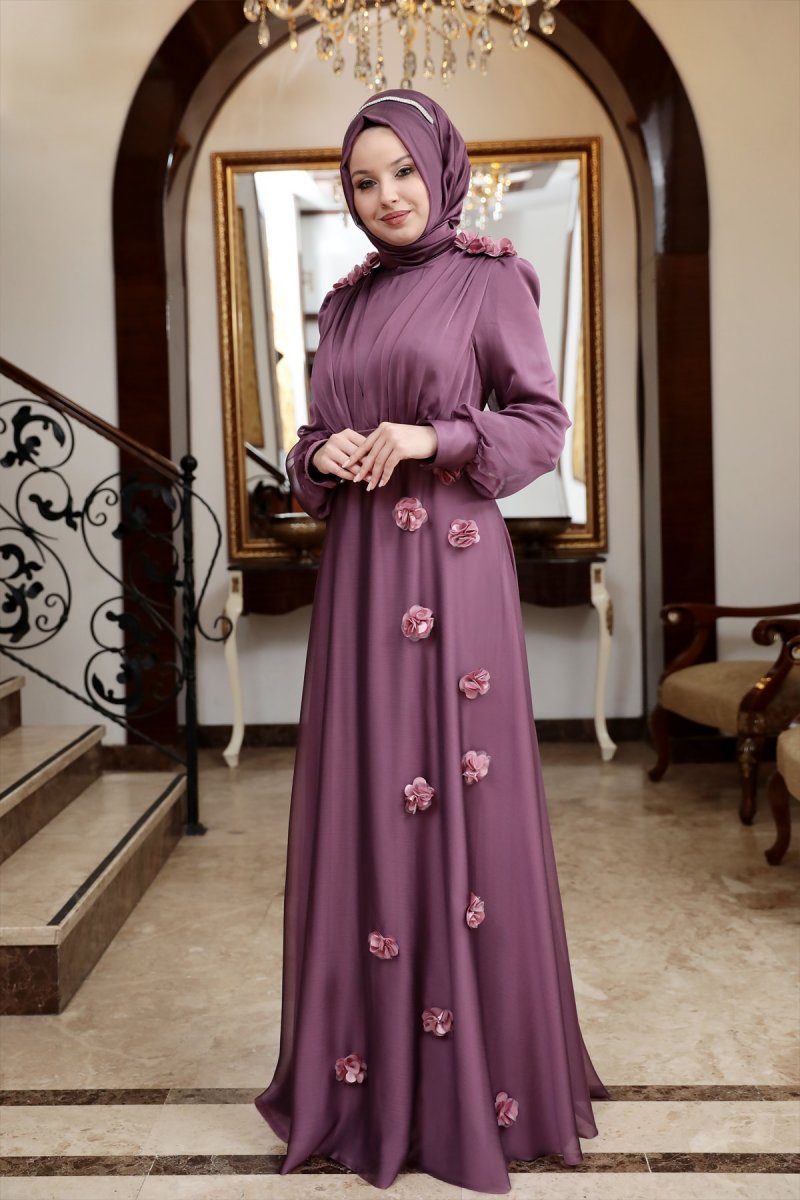 Esma Karadağ Lila Çiçek Detay Şifon Abiye Elbise