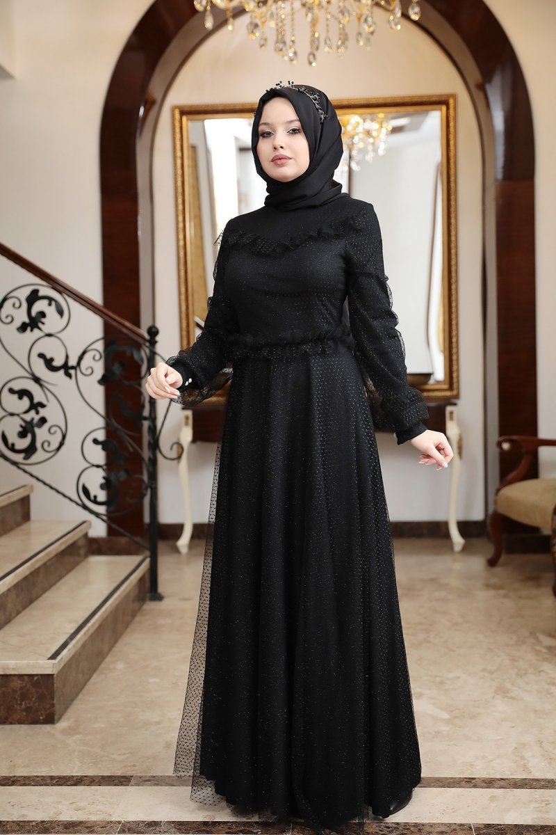 Esma Karadağ Siyah V Detay Petek Tül Abiye Elbise