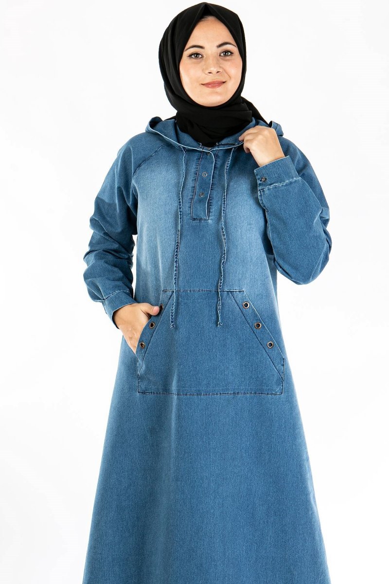 Fahima Mavi Kapüşonlu Kot Elbise