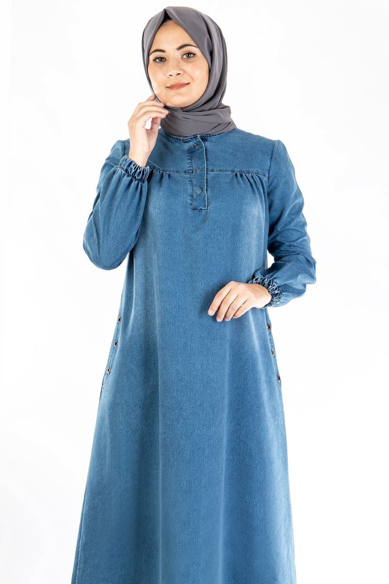 Fahima Mavi Kot Düğmeli Elbise