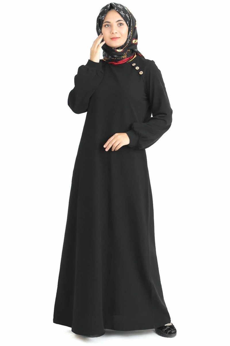 Fahima Siyah Düğme Detaylı Elbise