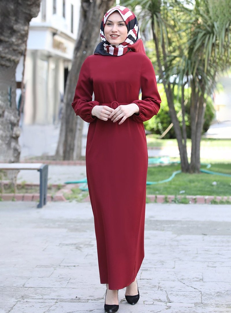 Fashion Showcase Design Bordo Balon Kol Kalem Abiye Elbise