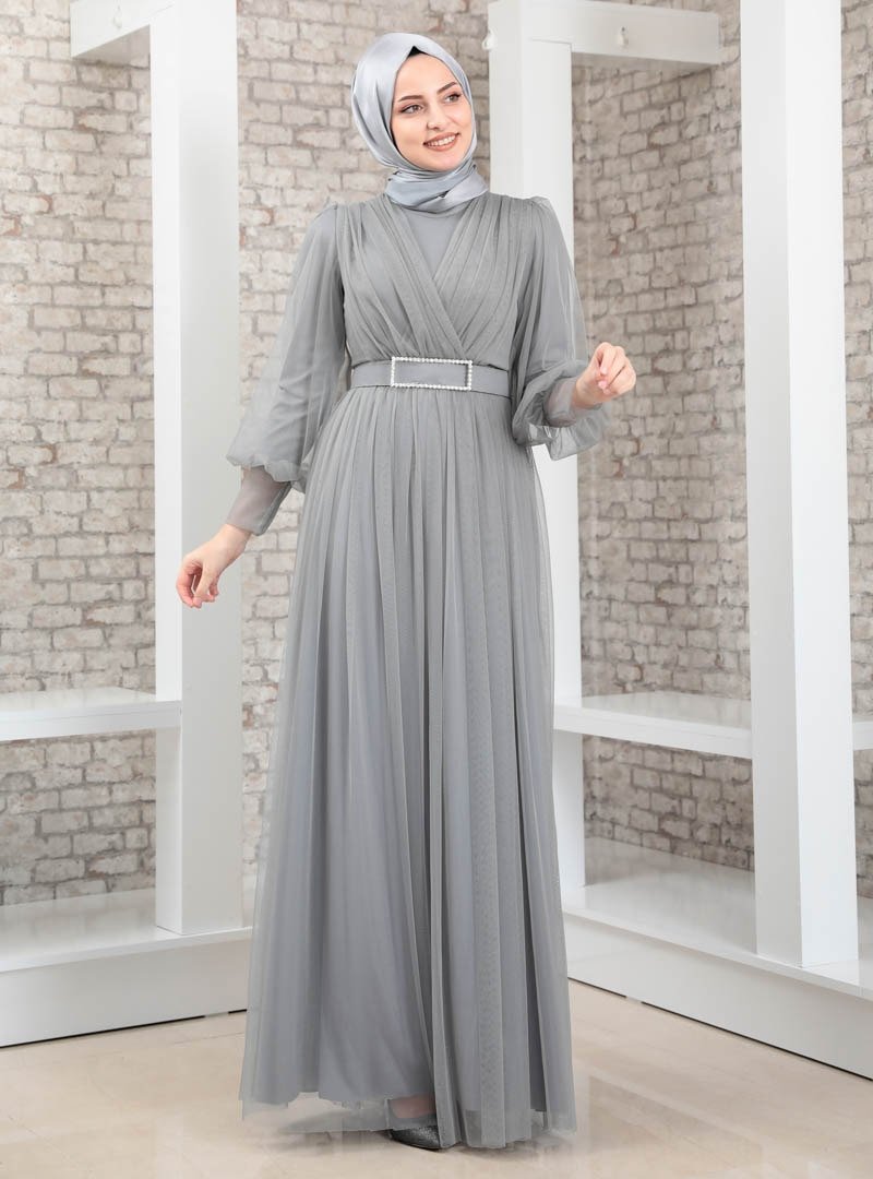 Fashion Showcase Design Gri Taş Detaylı Tüllü Abiye Elbise