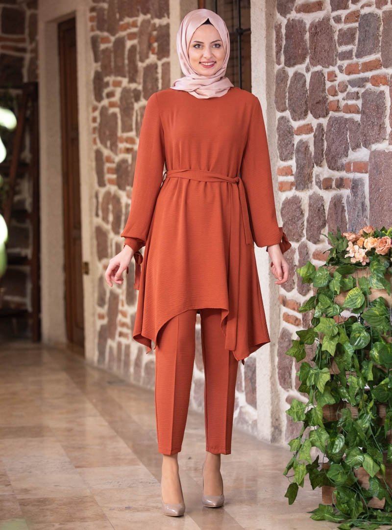 Fashion Showcase Design Kiremit Aerobin Kumaş Çapraz Tunik&Pantolon İkili Abiye Takım