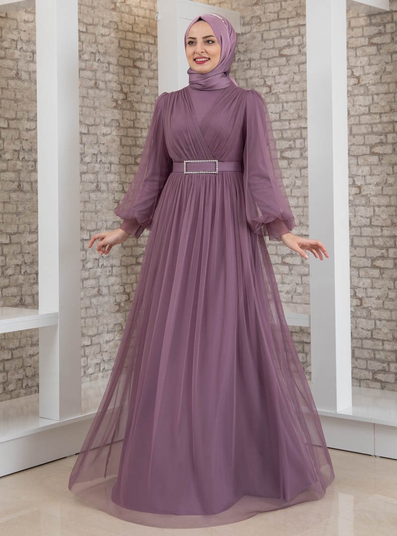 Fashion Showcase Design Lila Taş Detaylı Tüllü Abiye Elbise