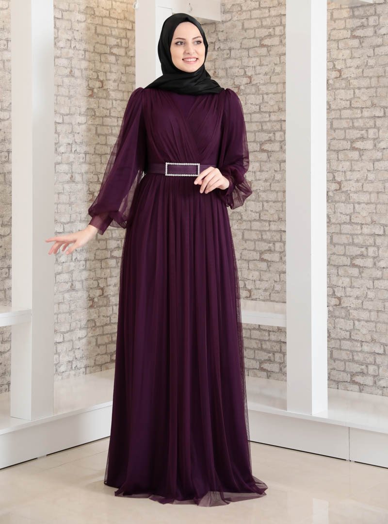 Fashion Showcase Design Mor Taş Detaylı Tüllü Abiye Elbise