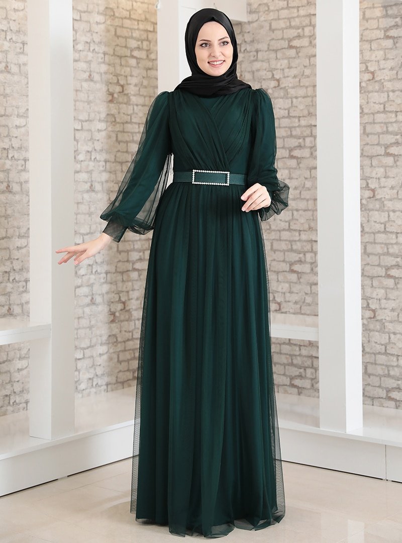 Fashion Showcase Design Petrol Taş Detaylı Tüllü Abiye Elbise