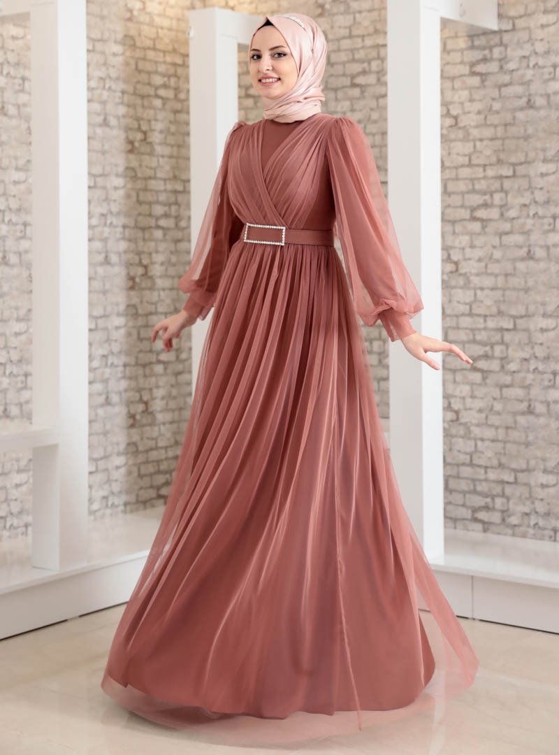 Fashion Showcase Design Soğan Kabuğu Taş Detaylı Tüllü Abiye Elbise