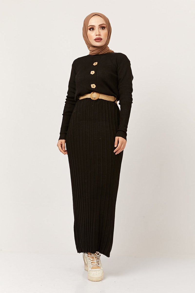 Festmoda Siyah Önden Düğmeli Detaylı Triko Elbise