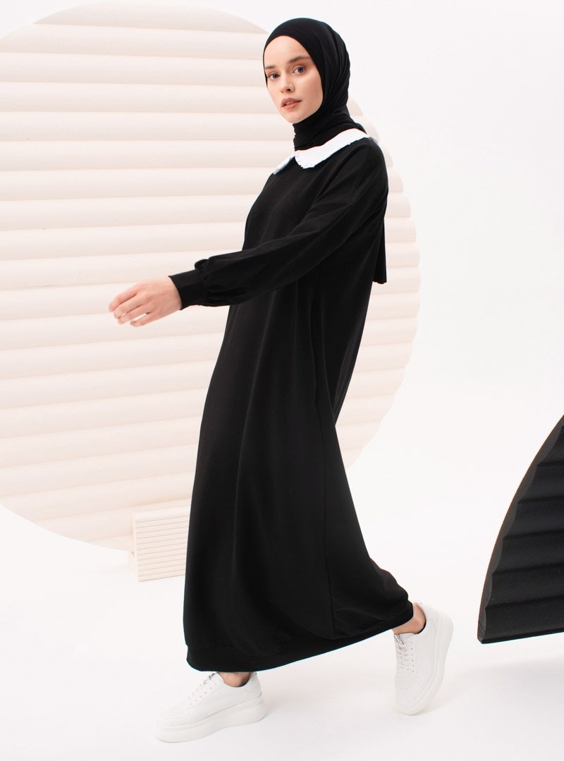 İnşirah Siyah Yakalı Penye Elbise