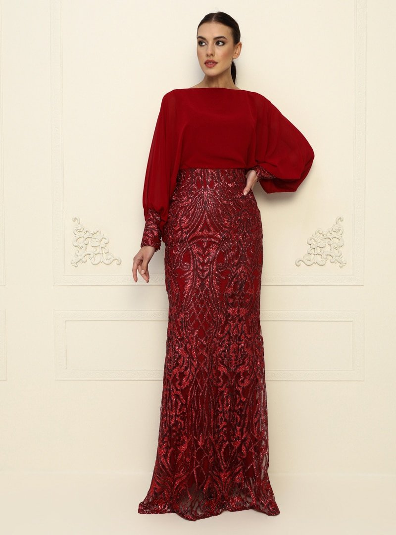 Mileny Kırmızı Sim Detaylı Abiye Elbise