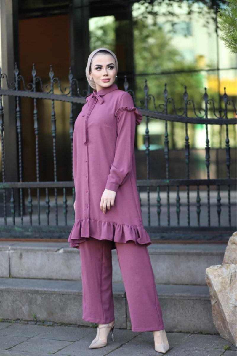 Moda Ekru Lila Fırfır Detaylı Tunik Takım