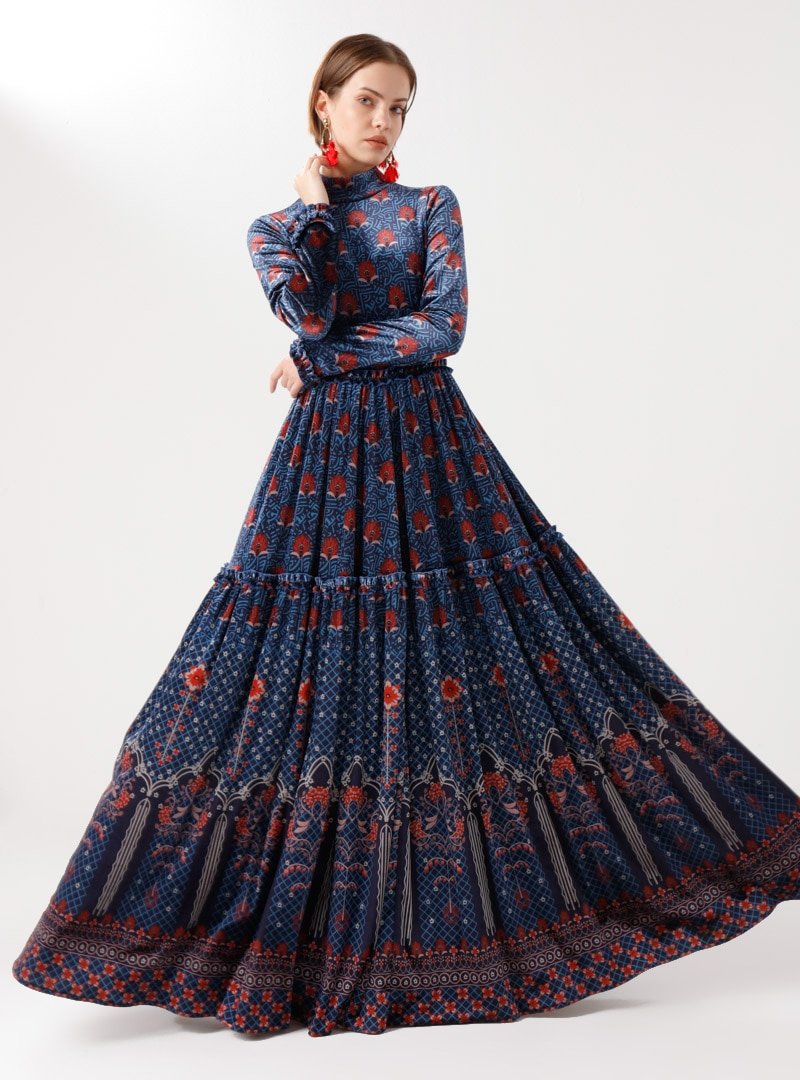 Mustafa Dikmen Saks Minyatur Desenli Elbise