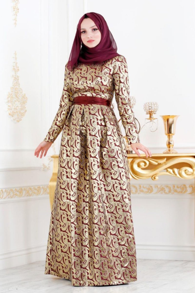Nayla Collection Ekru Bordo Jakarlı Abiye Elbise