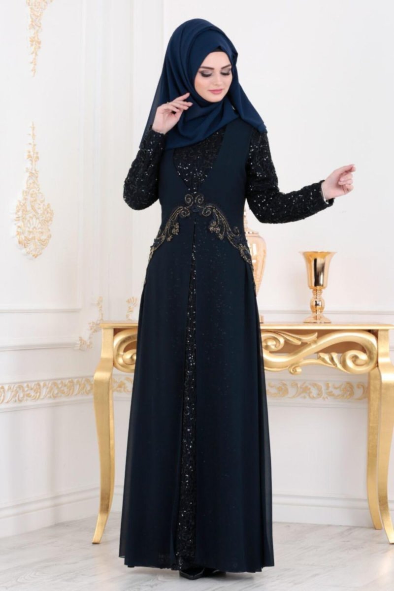 Nayla Collection Lacivert Pullu Dantel Detaylı Abiye Elbise