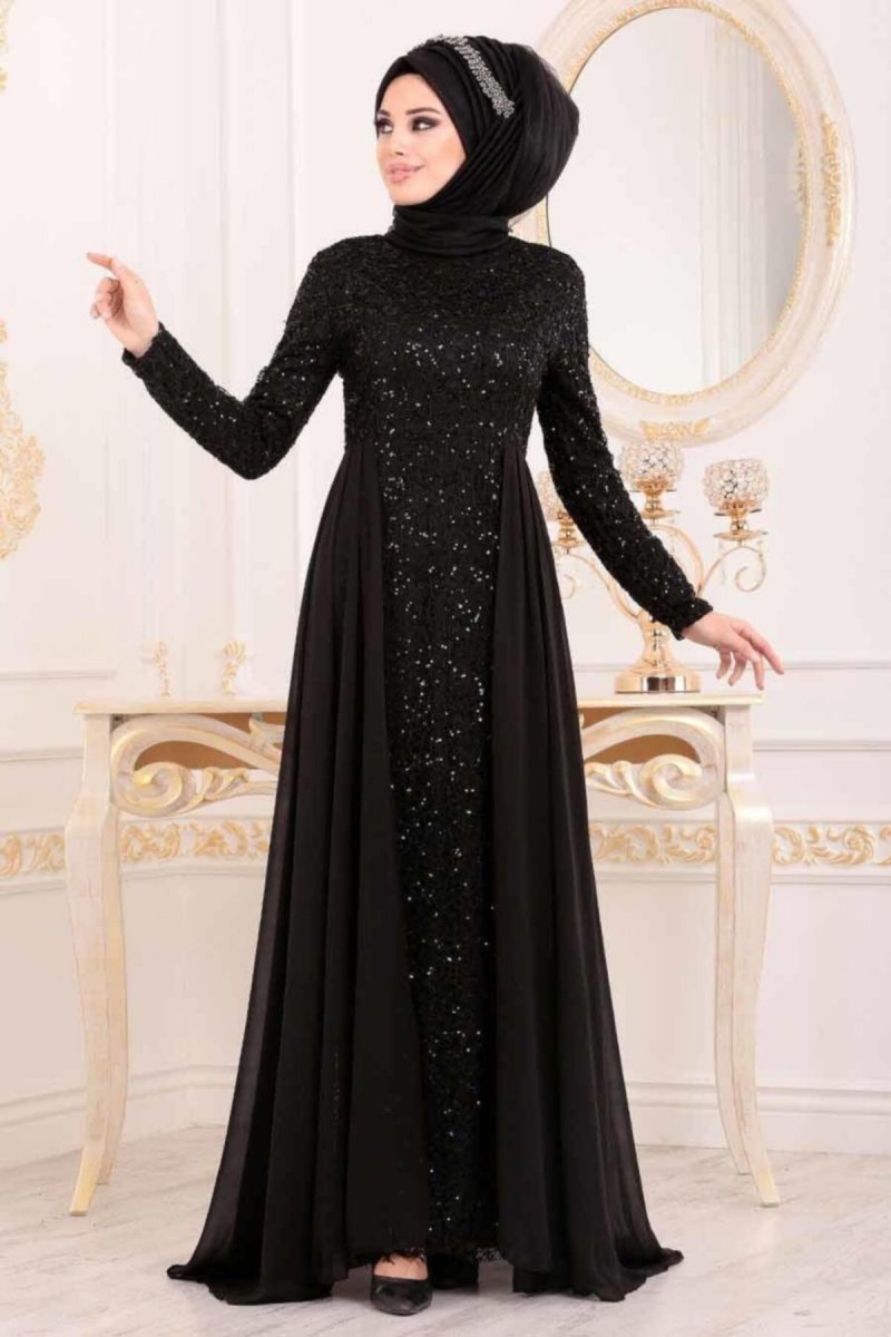 Nayla Collectıon Siyah Pullu Abiye Elbise