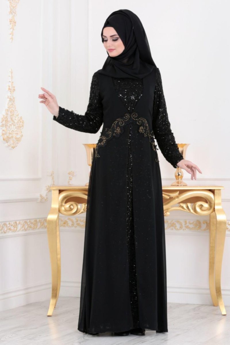 Nayla Collection Siyah Pullu Dantel Detaylı Abiye Elbise