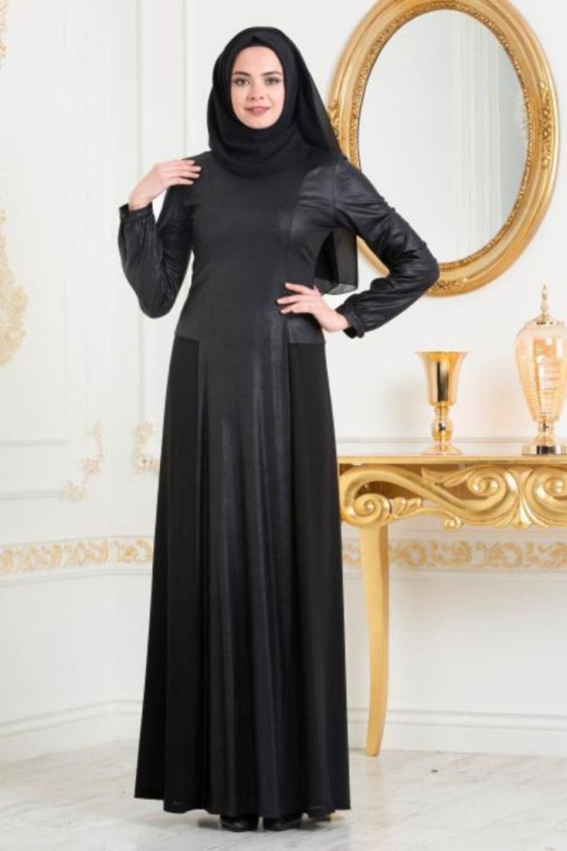 Nayla Collection Siyah Suni Deri Abiye Elbise