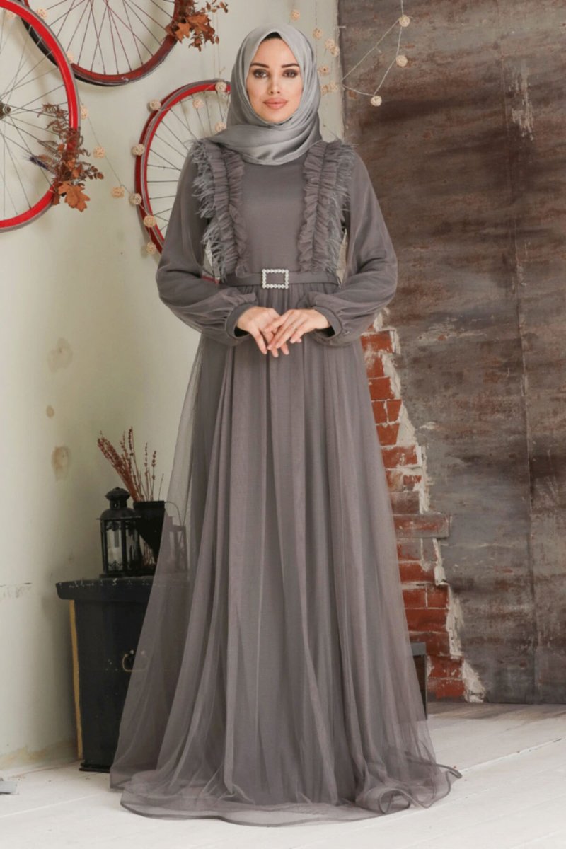 Neva Style Füme Tüy Detaylı Abiye Elbise