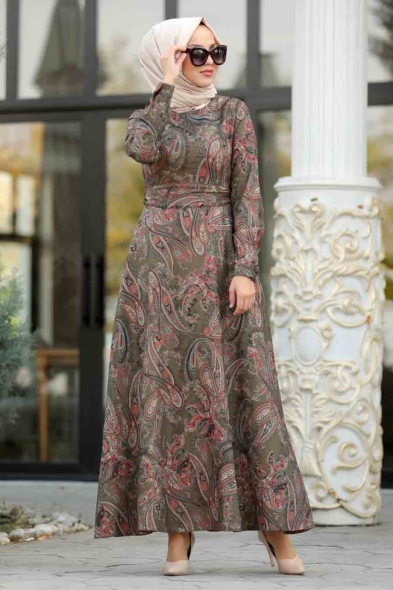 Neva Style Haki Etnik Desenli Elbise