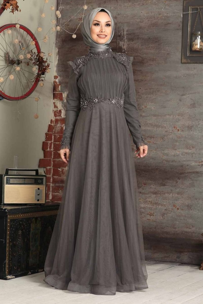 Neva Style İnci Detaylı Füme Abiye Elbise