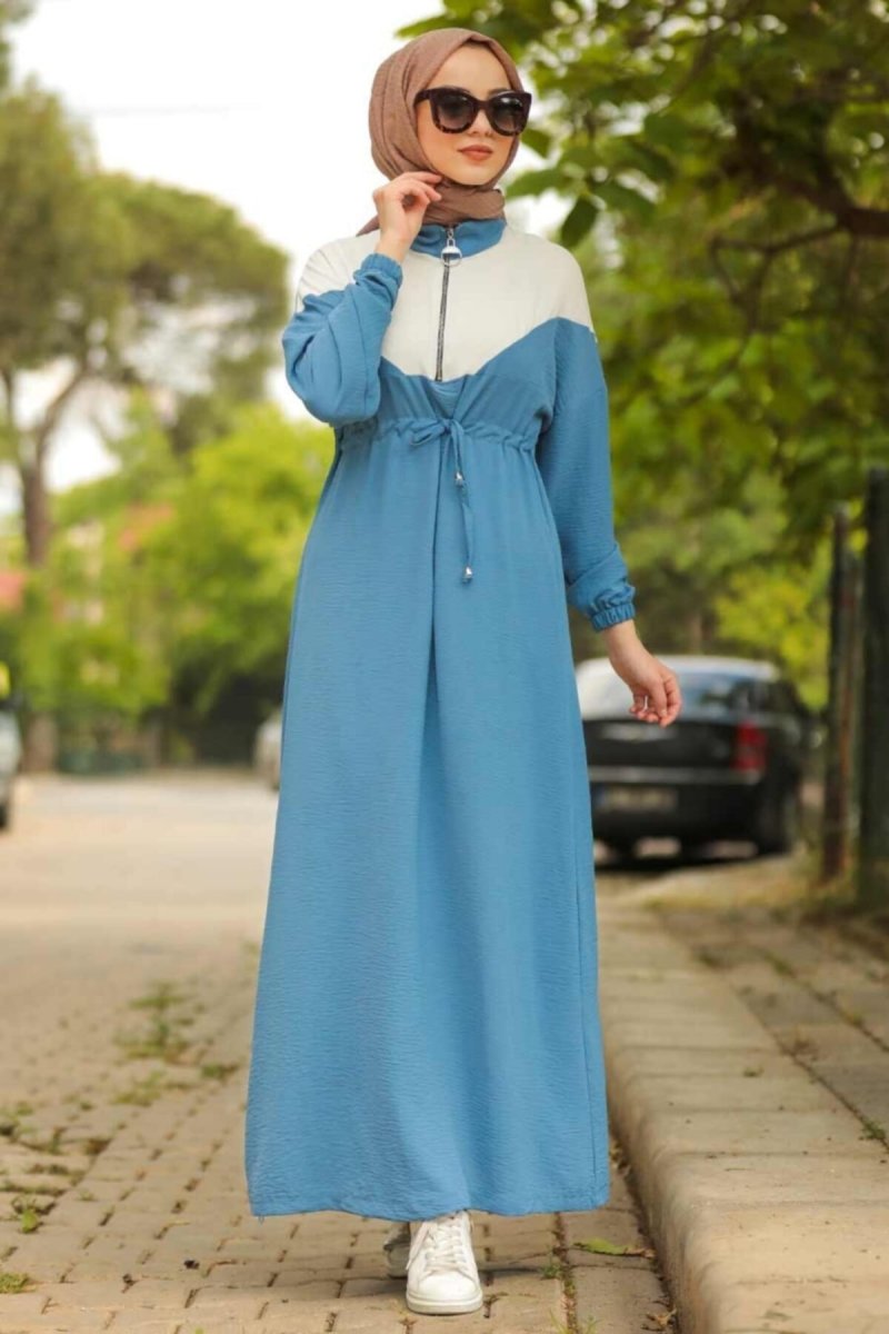 Neva Style İndigo Mavi Aerobin Kumaş Fermuarlı Elbise
