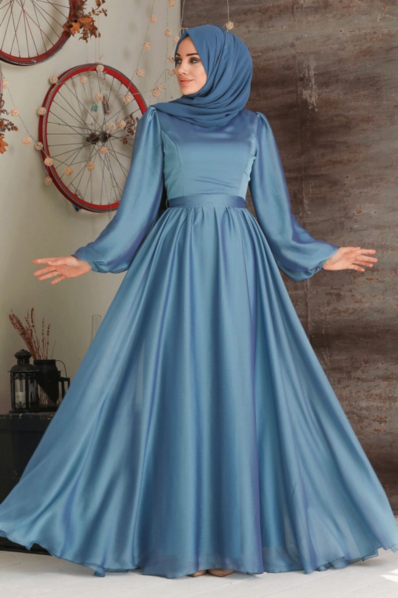 Neva Style İndigo Mavisi Balon Kol Abiye Elbise