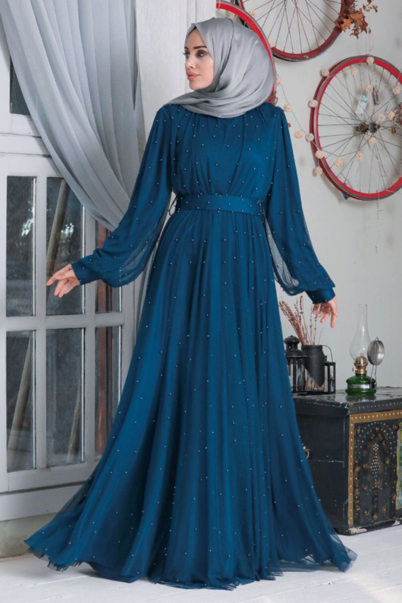 Neva Style İndigo Mavisi İnci Detaylı Abiye Elbise