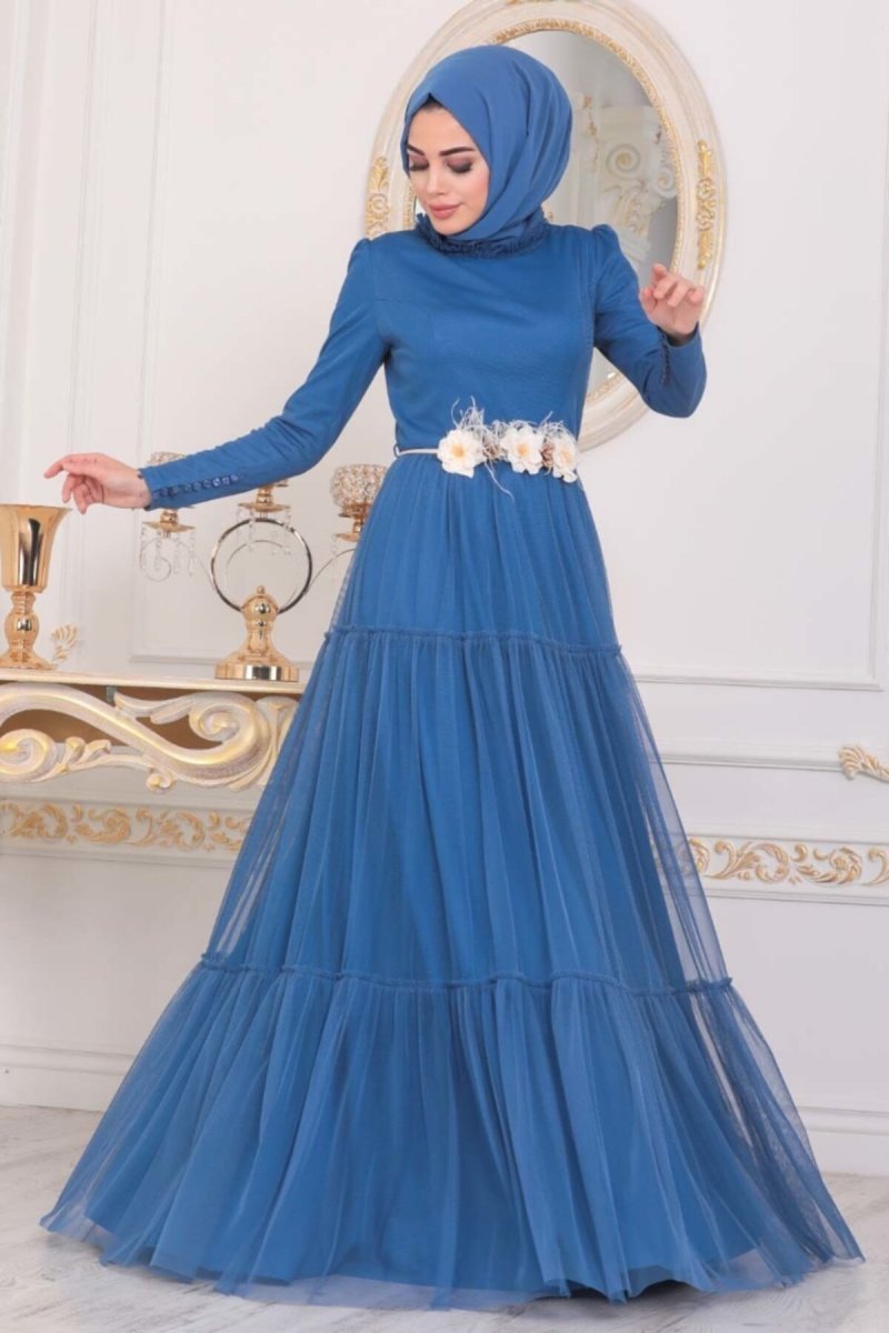 Neva Style İndigo Mavisi Kemerli Abiye Elbise