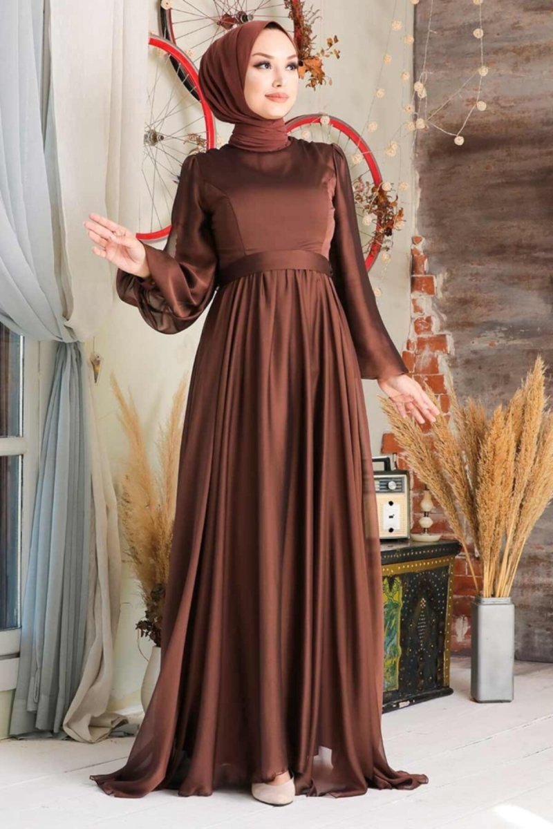 Neva Style Kahverengi Balon Kol Abiye Elbise