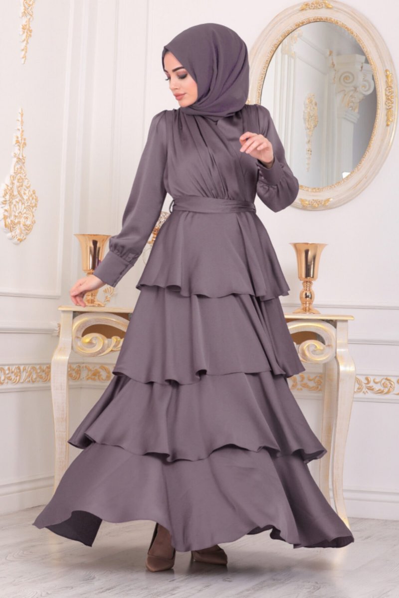 Neva Style Koyu Lila Fırfırlı Krep Saten Abiye Elbise