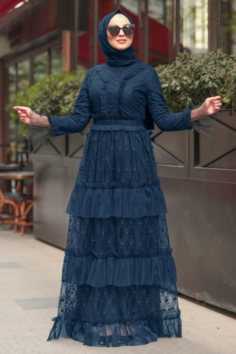 Neva Style Lacivert Fırfırlı Abiye Elbise