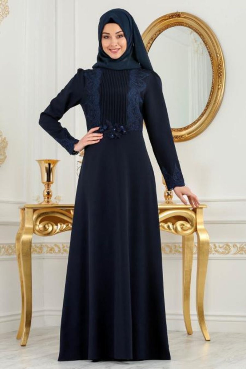 Neva Style Lacivert Nervür Detaylı Abiye Elbise