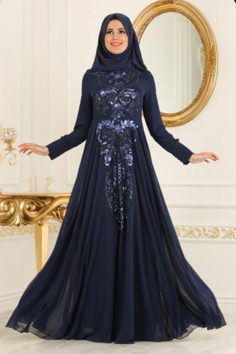 Neva Style Lacivert Payetli Abiye Elbise