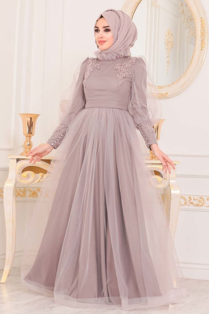 Neva Style Lila Boncuk Detaylı Abiye Elbise