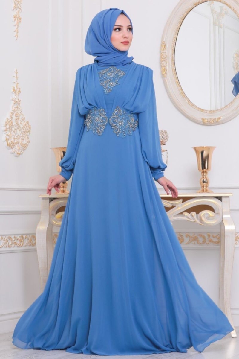 Neva Style Mavi Dantelli Abiye Elbise