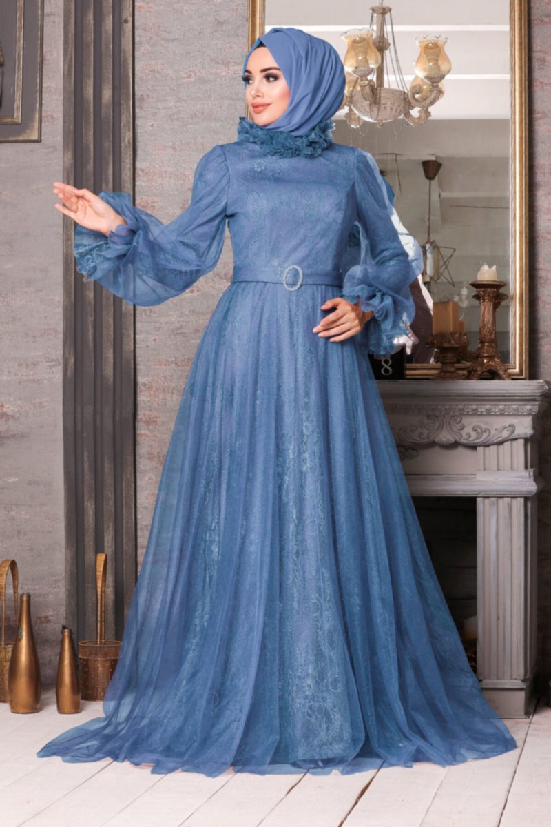 Neva Style Mavi İndigo Dantel İşlemeli Abiye Elbise