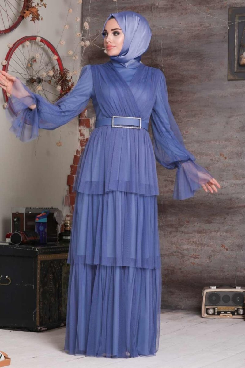 Neva Style Mavi İndigo Kemerli Abiye Elbise